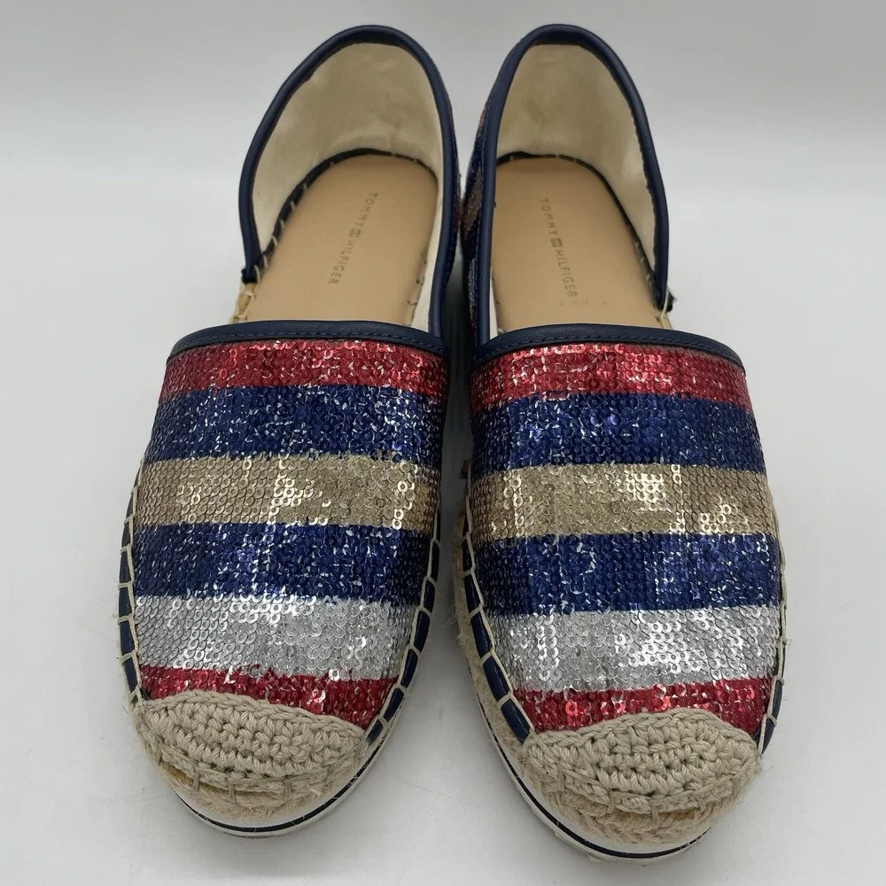 Tommy Hilfiger Womens 6.5 Shoes Flats Corliss‎ 2 American Flag Sequin Espadrille